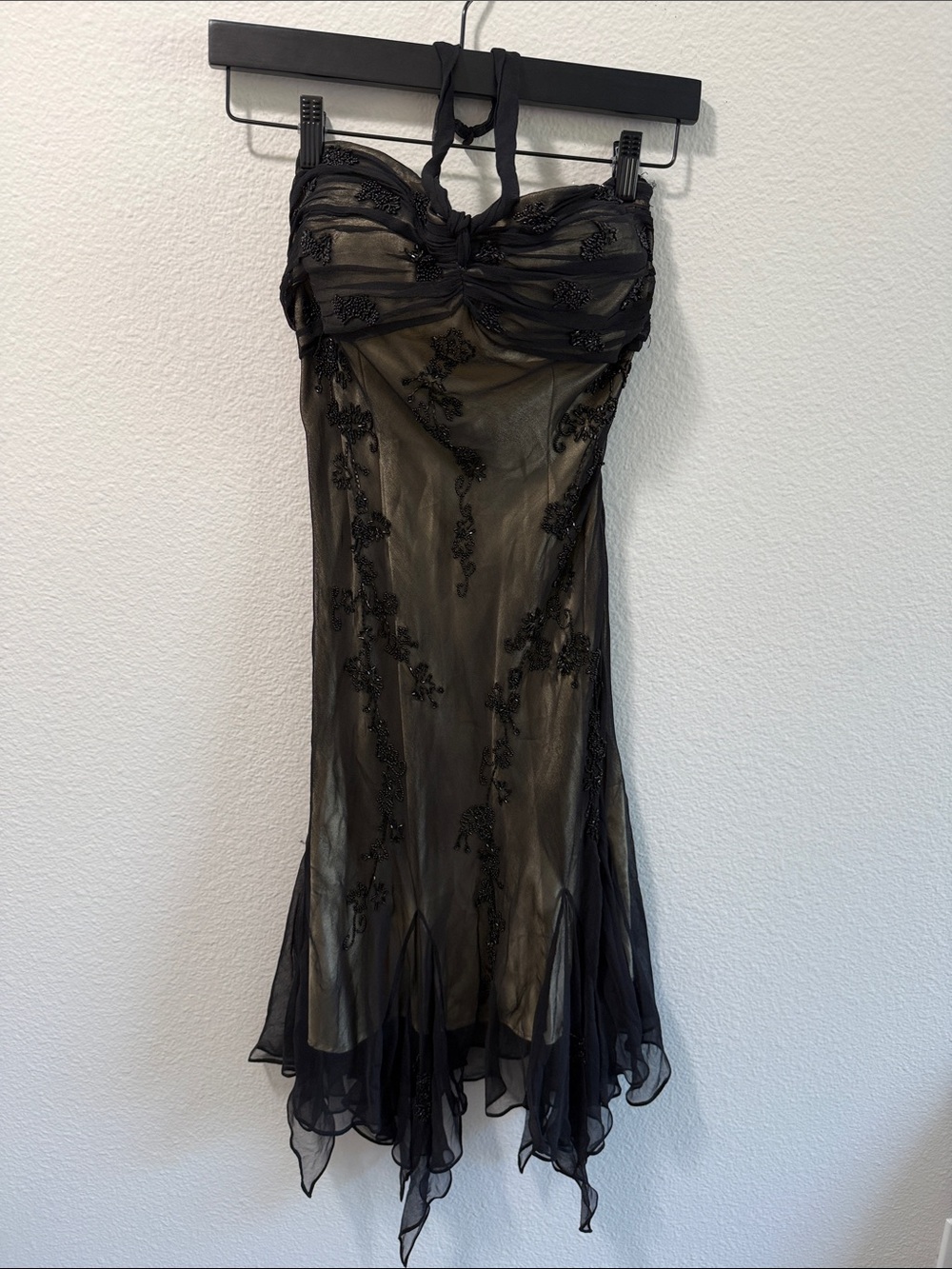 Vintage 90’s Scala Black Beaded Halter Mesh Midi Fairy Dress